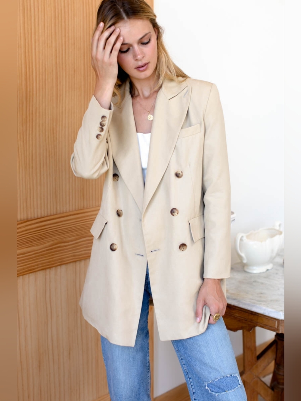 Emerson Fry Double-Breasted Beige Blazer